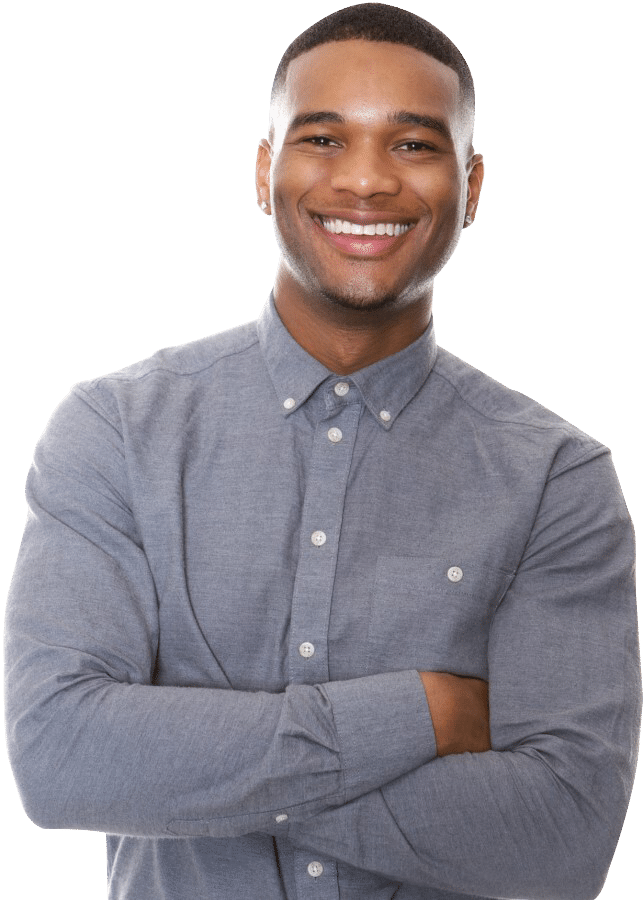 male customer smiling with arms crossed