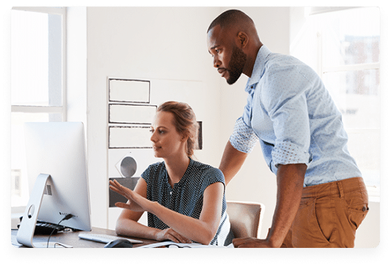 man and woman discussing work